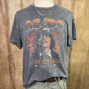 AC/DC High Voltage Tour T-Shirt Faded Graphic Tee Double Sided Gray Short Sleeve